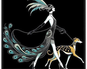 Art Deco Printable Wall Art Deco Flapper Strolling with her Whippet Dog art deco wall art, digital download