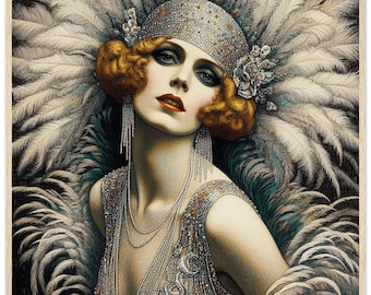Art Deco Glamour Print, Plumes, Framed Matte Paper
