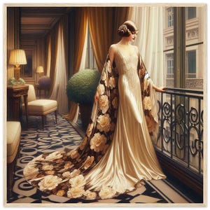 Art Deco Wall Art &quot;Beautiful in Brocade&quot; Premium Matte Paper Framed in Dark Brown or Natural Wood