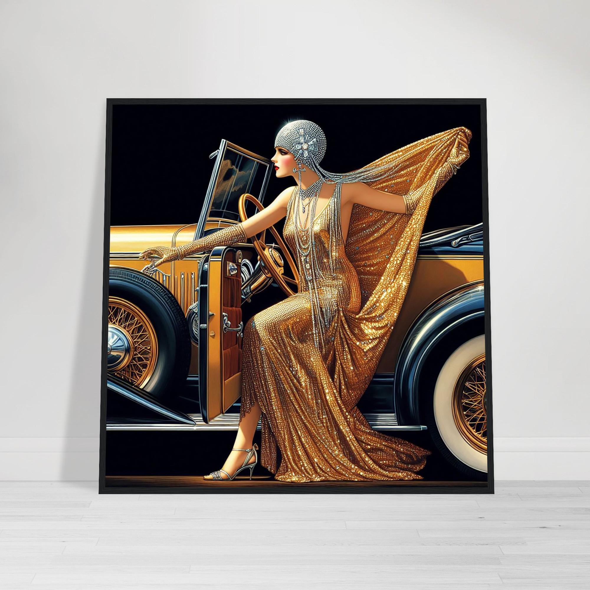 Art Deco Woman Print, 1920s Flapper Girl in Gold Dress, Black Wood ...