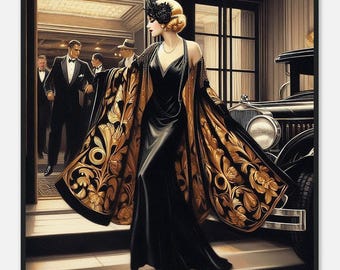 Art Deco Print, "On the Town" Black Wood Frame