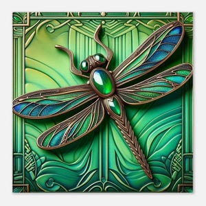 Art Deco Wall Art &quot;Dragonfly on Green Tile&quot; Printed on Slim Canvas. Beautiful asset for your living space. Gift for Art Deco fan.