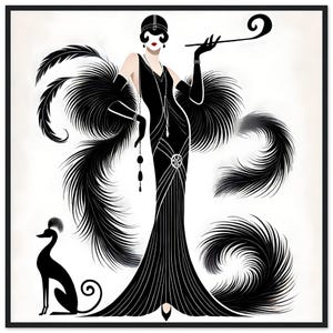 Art Deco Wall Art "Black Feathered Elegance" Erte Flapper Inspired Poster (Framed)