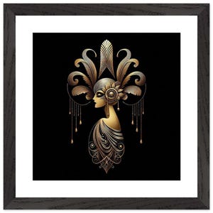Quadro da parete Art Déco "Petite Image Dorée" stampato su carta opaca di alta qualità con aspetto opaco bianco e incorniciato in legno nero.