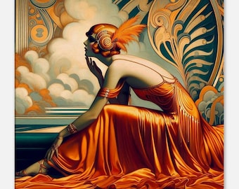 Art Deco Wall Art &quot;Reflection&quot; Printed on Thin Canvas. Stunning image of a bygone era, gift for an Art Deco Fan, orange, retro, surreal.