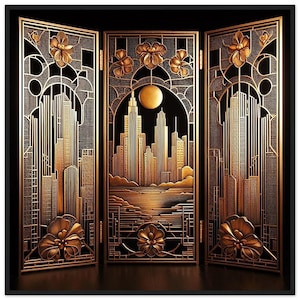 Può includere: Un paravento Art Déco a tre pannelli con un design a paesaggio urbano. Lo schermo è principalmente dorato con accenti neri, raffigurante grattacieli stilizzati, motivi floreali e un sole. Il design evoca un senso di lusso ed eleganza vintage.