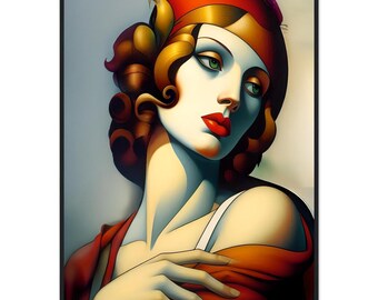 Art Deco Woman Print, "Red Hat", Framed Matte Paper