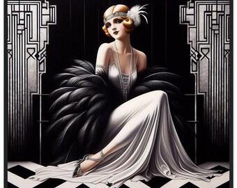 May include: A woman in a white gown with a black feather boa, wearing a headband with a jewel and a pearl necklace. She is sitting on a black and white checkered floor with a geometric design on the wall behind her.