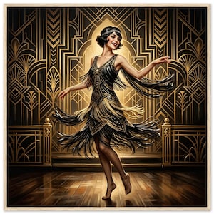May include: An art deco print depicting a woman in a black and gold flapper dress dancing. The dress features long fringe and gold sequins. The background showcases a gold and black geometric design, typical of the era.
