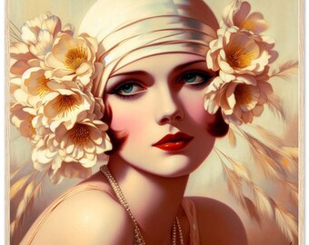 Muurkunst Art Deco &#39;Beauté avec des Fleurs&#39;, gedrukt op klassiek mat papier, ingelijst in hout. botergeel, cadeau. enscenering, minimalistisch, modern.