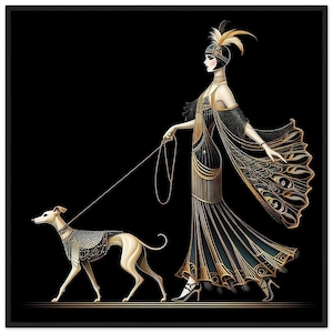 May include: A woman in a black and gold Art Deco style dress walks a small white dog on a lead. The woman is wearing a feathered headpiece and a beaded necklace. The background is black.