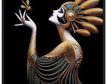 Art Deco "Lady with Dragonfly" - Framed Art Print, 1920s Style