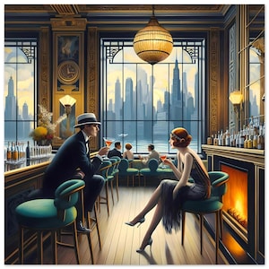 以下が含まれることがあります： アールデコ様式のバーのシーンのイラスト。男性と女性がバーに座り、それぞれカクテルを持っています。バーにはターコイズ色のスツール、暖炉、街のスカイラインを見渡せる大きな窓があります。シーンは暖かい光に包まれています。