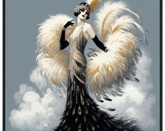 Könnte beinhalten: Eine Figur in einem bodenlangen schwarzen Kleid mit Pfauenfeder-Muster, einem perlenbesetzten Oberteil und langen schwarzen Handschuhen. Das Outfit umfasst eine große, voluminöse weiße und goldene Federboa sowie einen Kopfschmuck mit einer Feder.