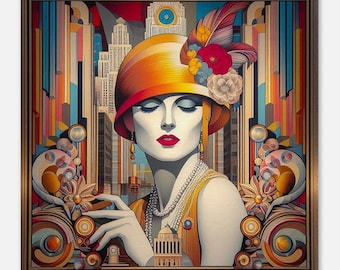 Art-déco-Leinwanddruck „Flapper mit orangefarbenem Hut“ | Wandbild im Stil der 1920er Jahre