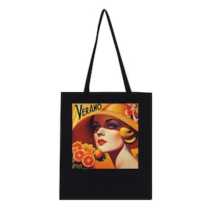 Tote Bag Art Deco Advertisement &quot;Verano&quot; Printed on Art Classic Tote Bag, both sides. White, Red, Navy, Black, Beige Canvas.