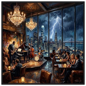 Väggkonst "Top of the Mark" Nob Hill Rooftop Jazz Lounge Regnig San Francisco Skyline Noir Stadslandskap Väggkonst med ram/canvas