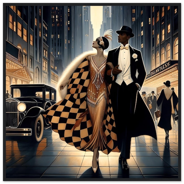 Art Deco Wall Art "Uptown Swells" Framed in Black, Dark Brown Wood African American