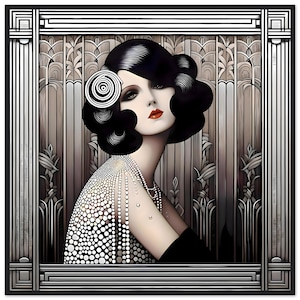 Art Deco Wall Art &#39;Raven-Haired Flapper&#39; - Premium Matte Poster in Black Wood Frame. Minimalist, modern, sleek, retro, gift.