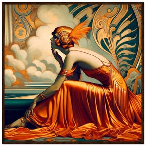 May include: A framed wall art print featuring a stylized figure in a flowing orange gown with thin straps and fringe details. The figure wears a headpiece with orange feathers and arm cuffs, set against a background of swirling clouds and patterns.