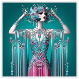 Quadro da parete Art Déco "Renarde Rose Turquoise" stampato su carta opaca di alta qualità, incorniciato in legno bianco. Quadro rosa e turchese per la casa o come regalo.