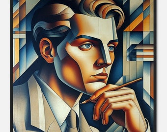 Retrato de hombre Art Déco, "Contemplando", impresión en papel mate enmarcada