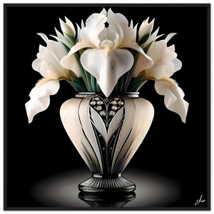 Póster de Jarrón Botánico Art Déco - "Lirios en Jarrón Art Déco". Arte enmarcado, papel mate premium. Regalo para los amantes del Art Déco. Minimalista y moderno.