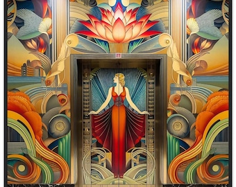 Art Deco Wall Art "Lotus Lift" Elevator doors and surround in colorful Art Deco mural. Premium Matte Paper Framed in Black or Natural Wood.