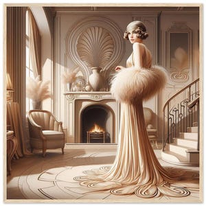 Arte murale Art Déco "Beauty in the Boudoir" Carta opaca di qualità superiore con cornice in nero, marrone scuro o legno naturale. Uno sguardo al passato.