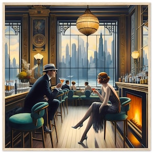 Póster enmarcado de estilo Art Déco «Cócteles y Romance» impreso en papel mate de alta calidad.