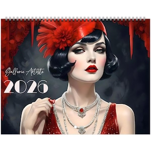 May include: A calendar featuring a vintage-style illustration of a woman in a red dress and hat. The calendar is labeled "Gallerie Artiste 2026" in white text. The woman has dark hair, red lipstick, and is wearing a pearl necklace.