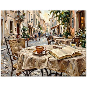 May include: Oil painting of a cafe scene with a table set for one. A cup of coffee sits on a saucer with a spoon, next to an open book. Wicker chair and a cobblestone street in the background.
