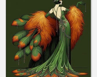 Art Deco Flapper "Seductive Feathers" Slim Canvas Wall Art, illustration, Erte inspired, drawing, elegant