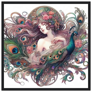Spring Flowers art nouveau wall art &quot;Lady with Peacock Watercolor&quot; Classic Matte Paper Wooden Framed Print & Poster nouveau