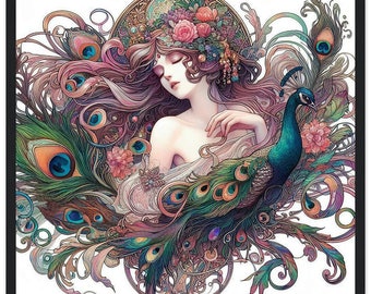 Art nouveau kunst aan de muur lentebloemen &quot;Dame met pauw aquarel&quot; klassiek mat papier houten ingelijste print en poster nouveau