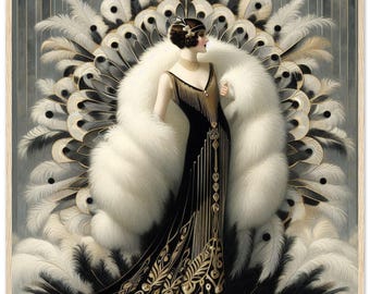 May include: A framed art print featuring a woman in a black and gold flapper dress and a white fur wrap. The background includes a fan of white and gold feathers, evoking a vintage, Art Deco aesthetic.
