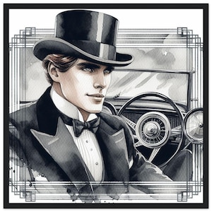 Quadro da parete Art Déco "Swell in a Top Hat" stampato su carta opaca classica con cornice in legno nero. Per la casa, l'ufficio, il lavoro o come regalo.