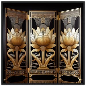 Art Deco Wall Art &quot;Lotus Screen&quot; Printed on Premium Matte Paper Framed in Black Wood. Unique design on Deco screen. (Not 3-D)