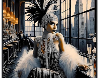 Art Deco Flapper Poster "Metro Club' Black & White Print, Wood Frame | Stylish | Fashion | Sophisticated