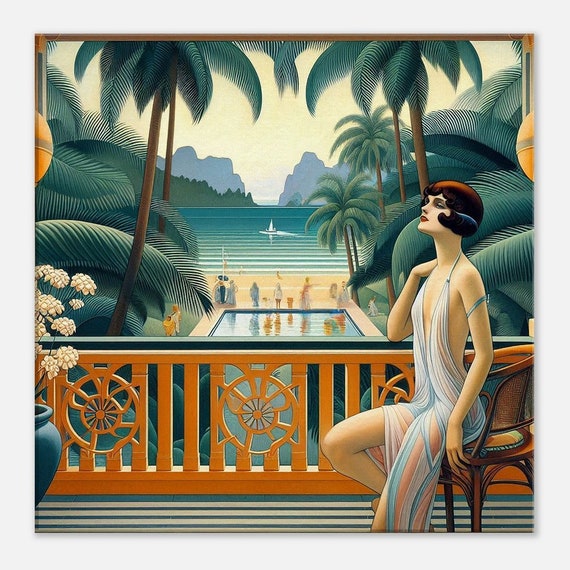 Art Deco Tropical Maiden Canvas Print, Beach Scene Wall Art - Etsy