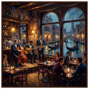 May include: An oil painting depicts a jazz band performing in a dimly lit Venetian restaurant. The scene includes musicians playing a double bass, guitar, and saxophone. Tables are set with candles and wine glasses, with a canal view in the background.