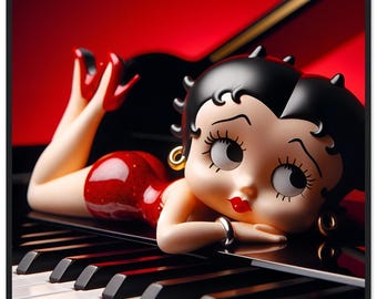Puede incluir: Una figura de un personaje de dibujos animados con cabello negro, ojos grandes y labios rojos, que lleva un vestido rojo brillante y tacones altos rojos. El personaje está acostado sobre un piano negro con teclas blancas.