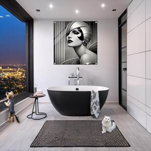 Art Deco acrylic wall art featuring an elegant Vintage Hollywood-inspired woman in glamorous attire, Timeless Beauty luxury portrait with sophisticated Art Deco styling and premium acrylic finish.