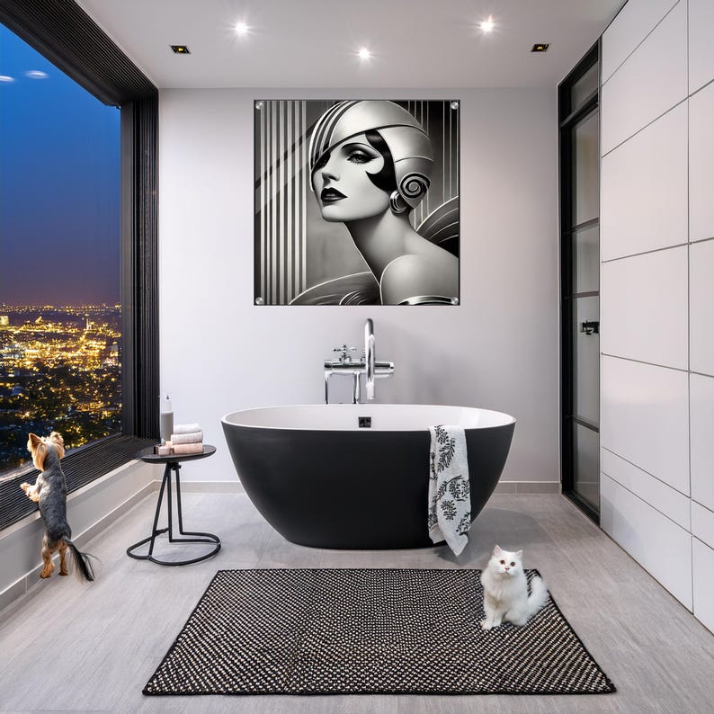 Art Deco acrylic wall art featuring an elegant Vintage Hollywood-inspired woman in glamorous attire, Timeless Beauty luxury portrait with sophisticated Art Deco styling and premium acrylic finish.
