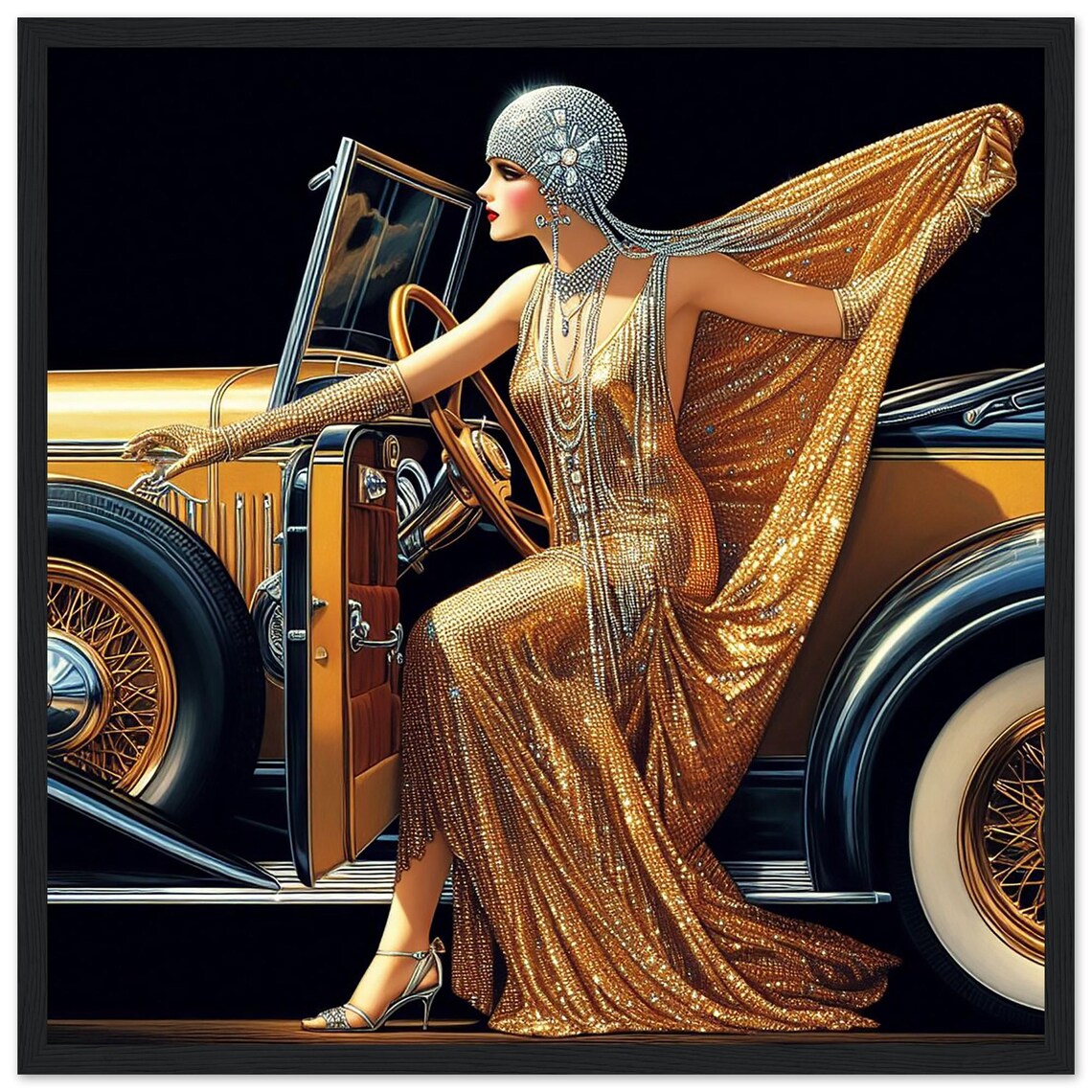 Art Deco Woman Print, 1920s Flapper Girl in Gold Dress, Black Wood ...