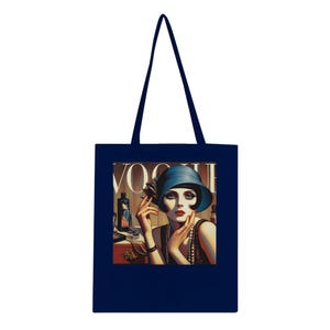 Tote Bag Art Deco Magazine Cover Image &quot;Vogue&quot; Classic Tote Bag - 2 sided image, beige, black red or navy bag.