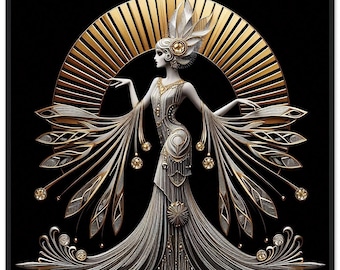 May include: Art Deco-style illustration of a woman in a flowing gown, with a gold and white color scheme. The woman has a headdress and is set against a black background. The artwork features intricate details and geometric patterns.