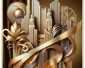 Art Deco Wall Art "City in the Sky" Printed on Premium Matte Paper Framed in wood. (Not embossed, Not 3D, this is flat print).