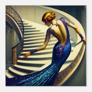 May include: A woman in a sequined, blue and purple gown stands on a grand staircase. The gown has a low back and a long train. The staircase is made of white marble and has a gold railing.