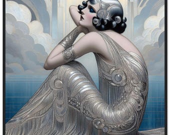 Art Deco - 'Silvery Dream' Framed Poster in Black Wood | Elegance | Alluring
